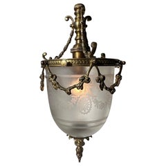 Antique Art Nouveau Period Bronze and Engraved Crystal Lantern