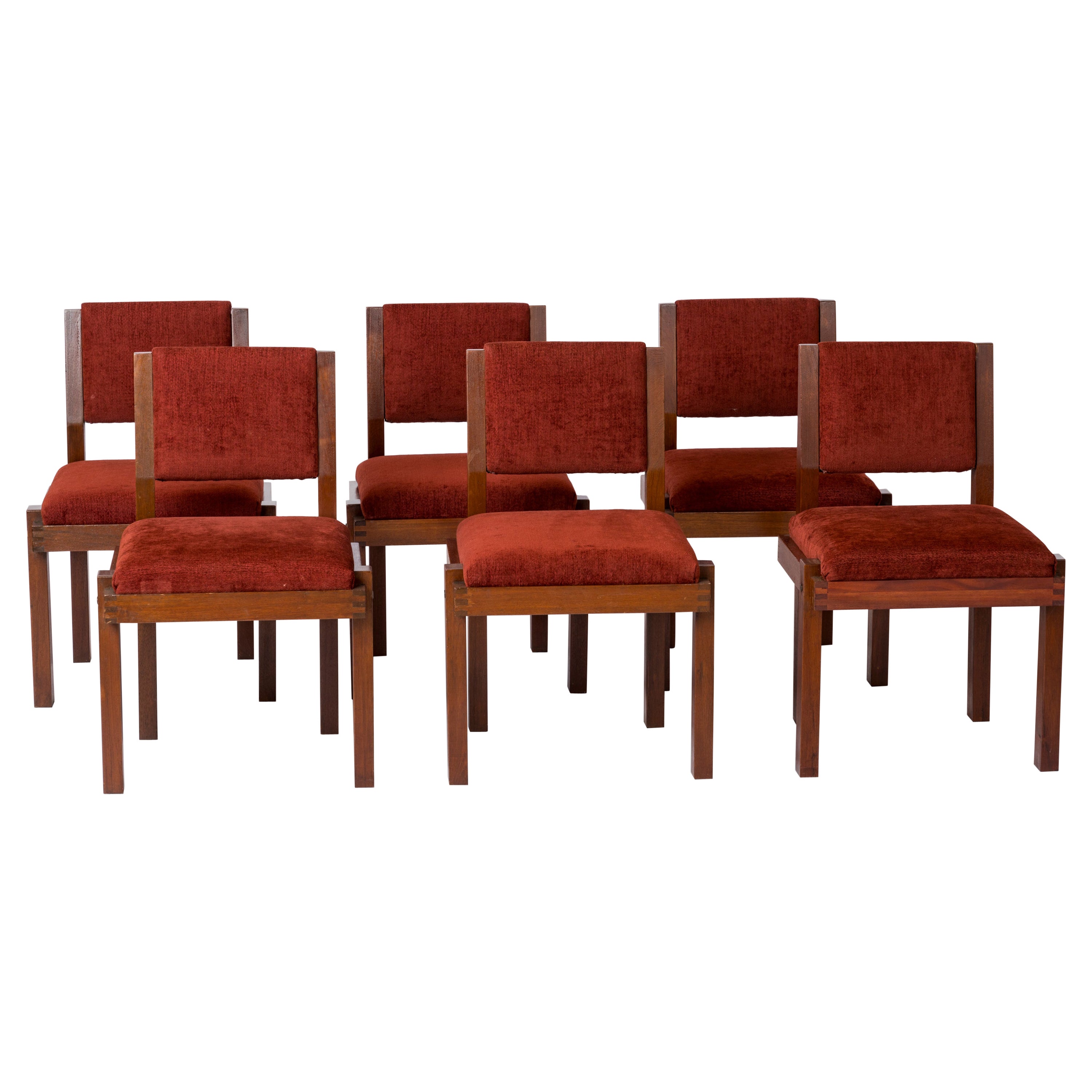 Six Modernist Solid Mahogany and Bordeaux Upholstery Chairs - France 1970's For Sale