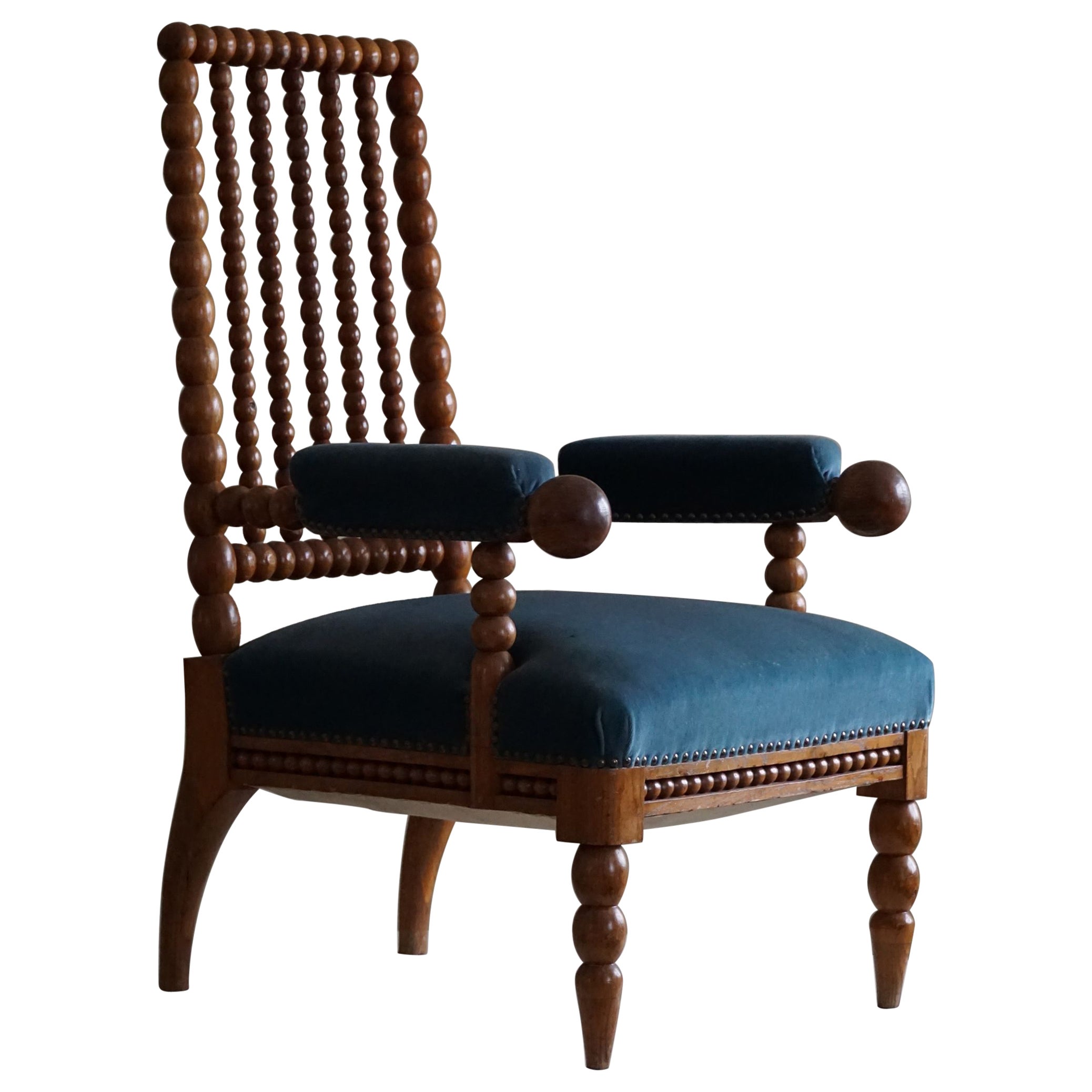 Antique Bobbin Armchair, Solid Oak & Blue Velvet, England, 19th Century
