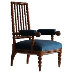 Antique Bobbin Armchair, Solid Oak & Blue Velvet, England, 19th Century
