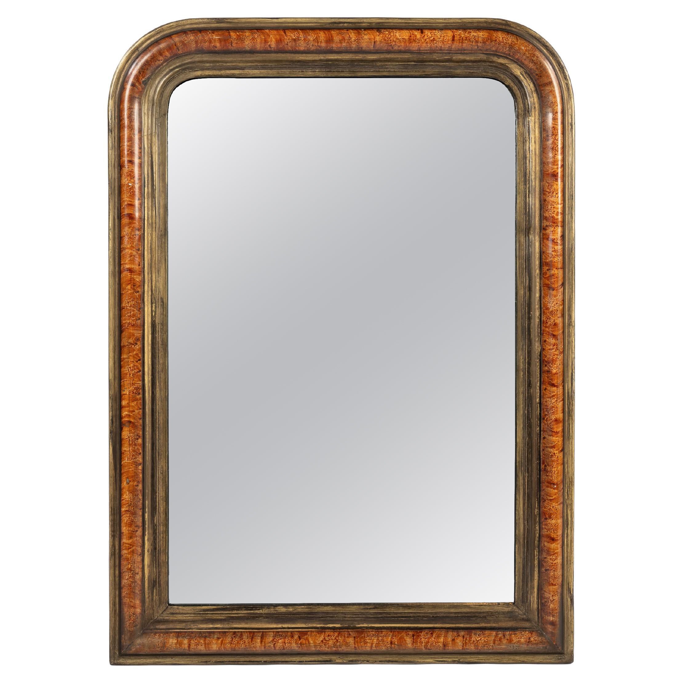 Antique French faux rosewood burl and gold-painted Louis Philippe mirror For Sale