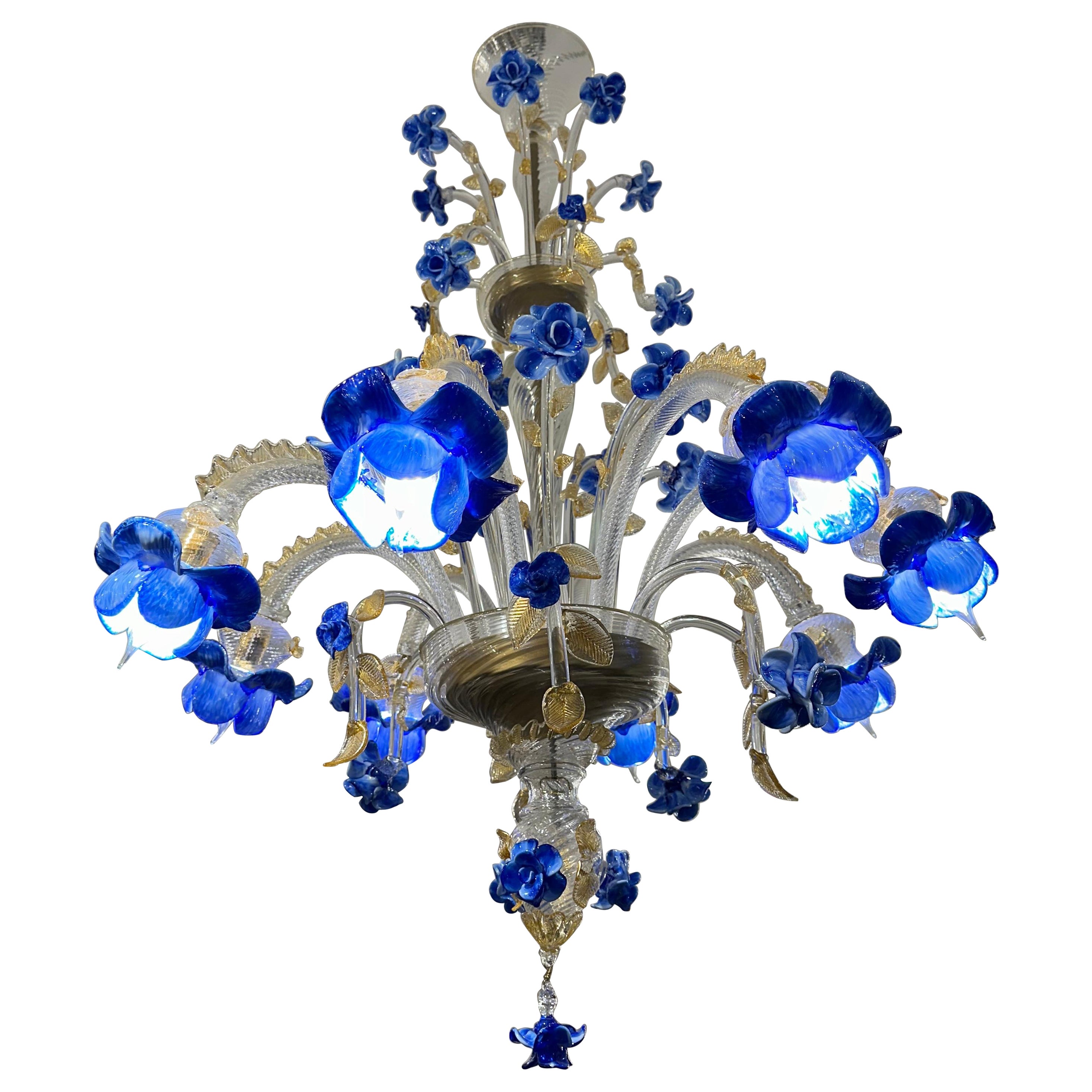 Blauer Murano Glas Floreale Design Kronleuchter im Angebot