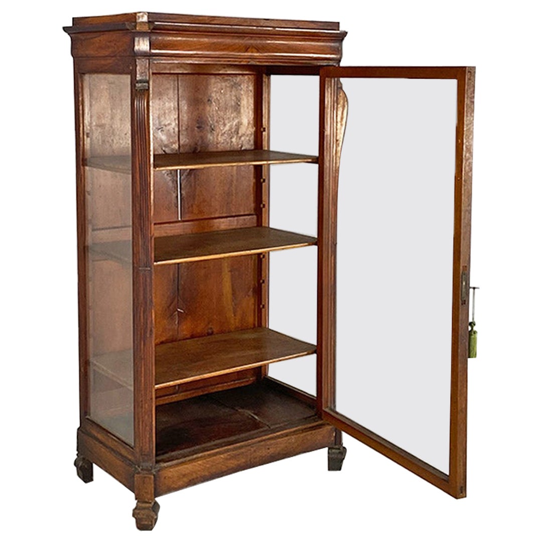 Antique English showcase, wooden with interior shelves and original glass panes from the 1800s For Sale