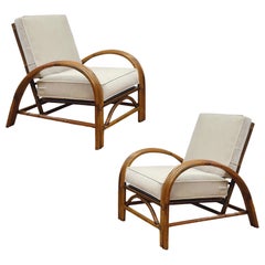 1950s Paul Frankl Rattan Three Strand and Gray Cushions Lounge Chairs - a Pair 