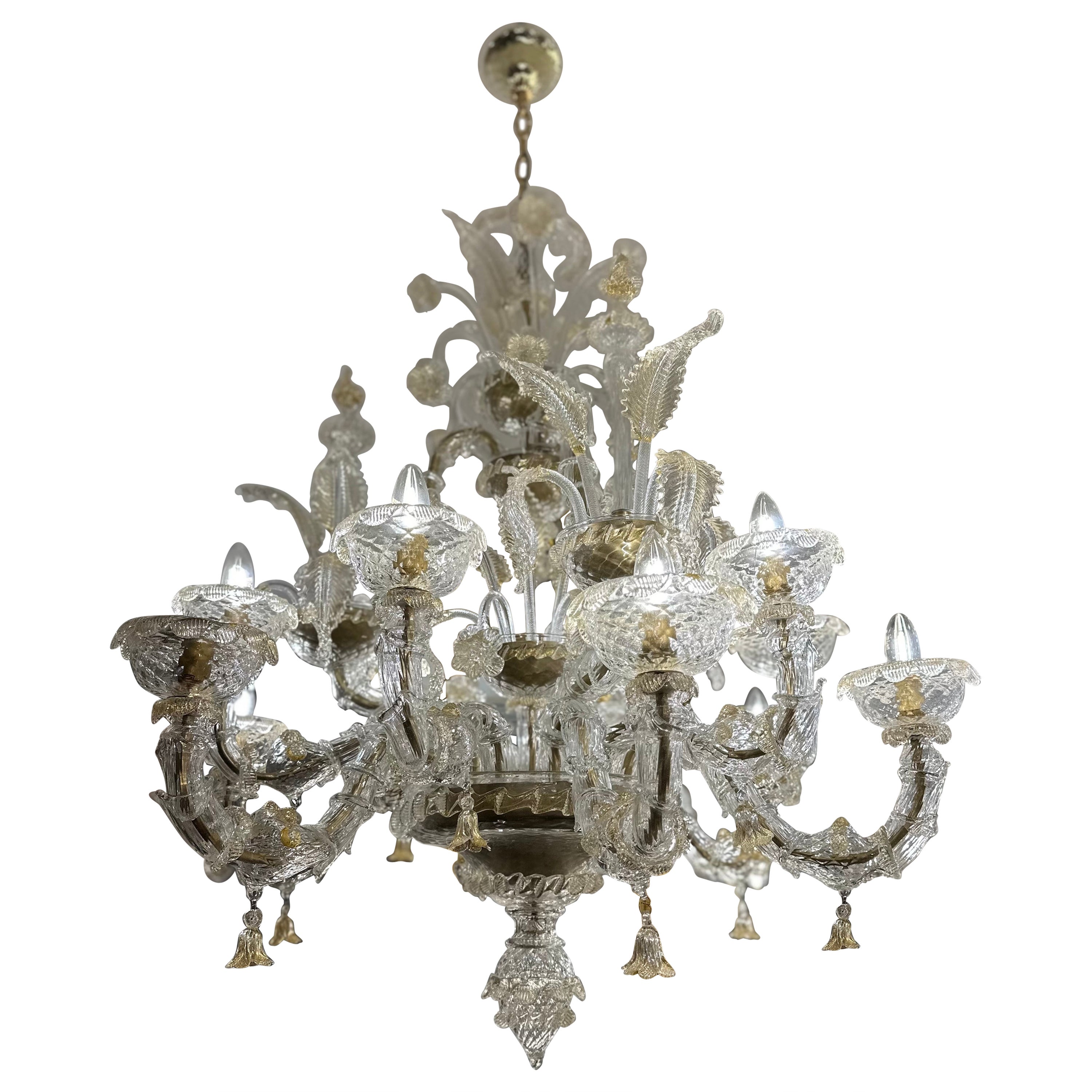 Hand Blown Clear And Gold Murano Glass Chandelier For Sale