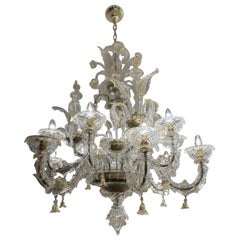 Vintage Hand Blown Clear And Gold Murano Glass Chandelier