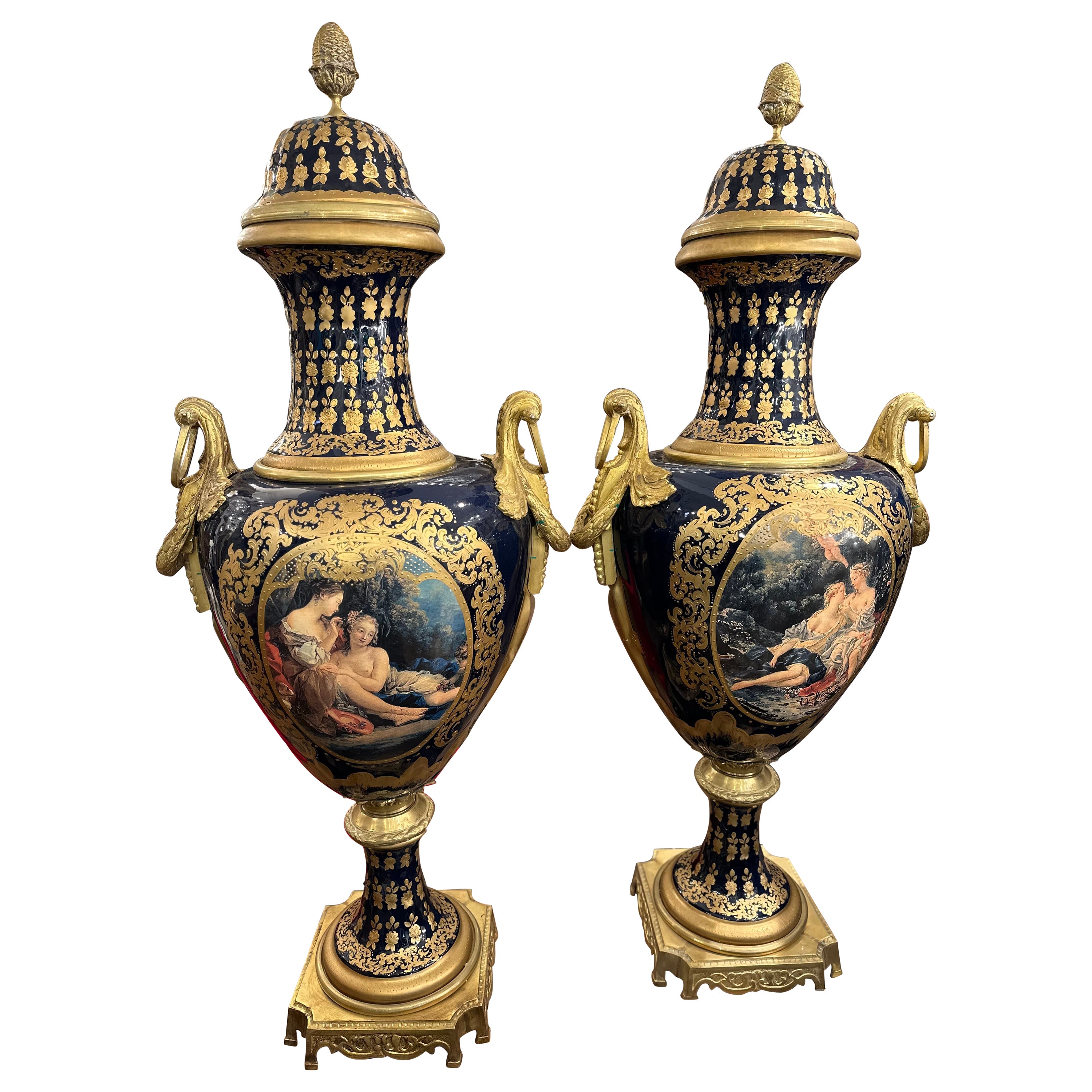 Pair of Sevres Style Blue And Gold Vases For Sale