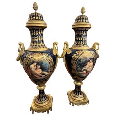 Retro Pair of Sevres Style Blue And Gold Vases