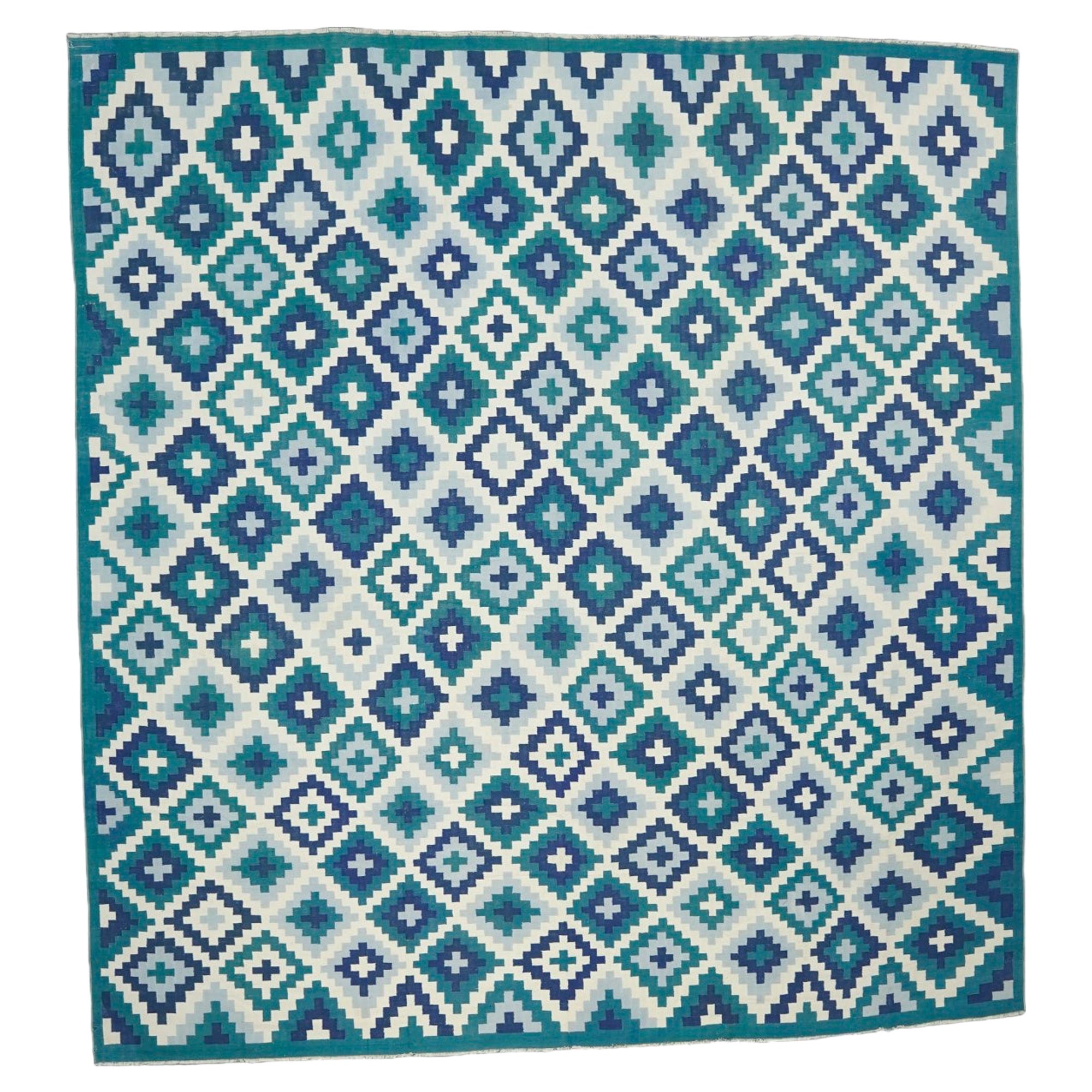 Vintage Dhurrie Vintage-Teppich in Teal, Blau und Weiß mit geometrischem Muster, von Rug & Kilim  im Angebot