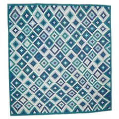 Tapis Dhurrie vintage à motif géométrique sarcelle, bleu et blanc, de Rug & Kilim 