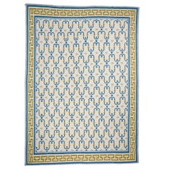 Retro Dhurrie Rug with Blue and Gold Geometric Pattern, from Rug & Kilim
