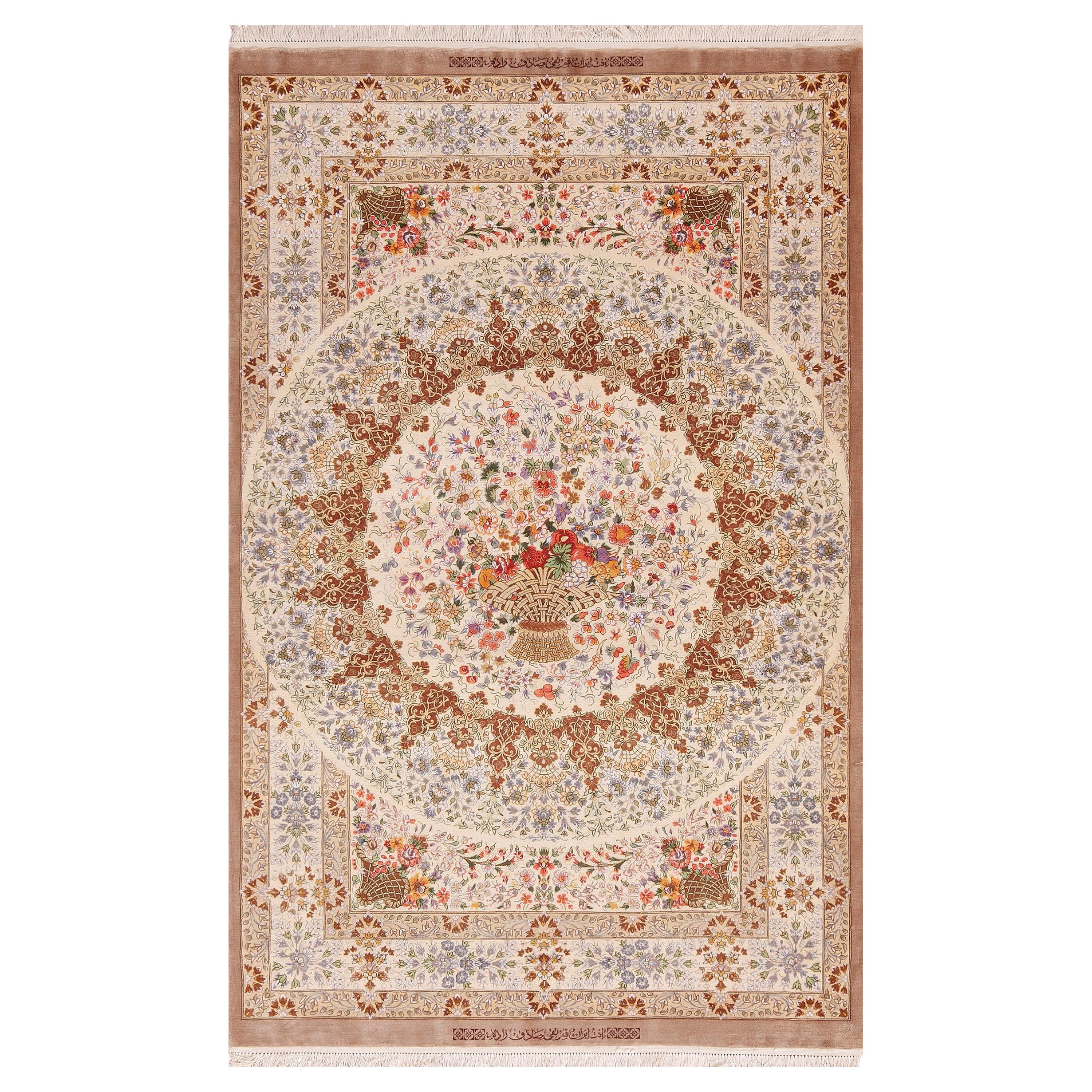 Luxurious Fine Weave Artistic Floral Vintage Persian Silk Qum Rug 3'5" x 5'4" For Sale