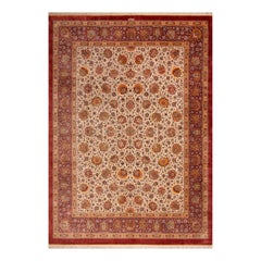 Luxueux tapis persan Qum vintage en soie ivoire à motifs floraux fins 10' x 13'9"
