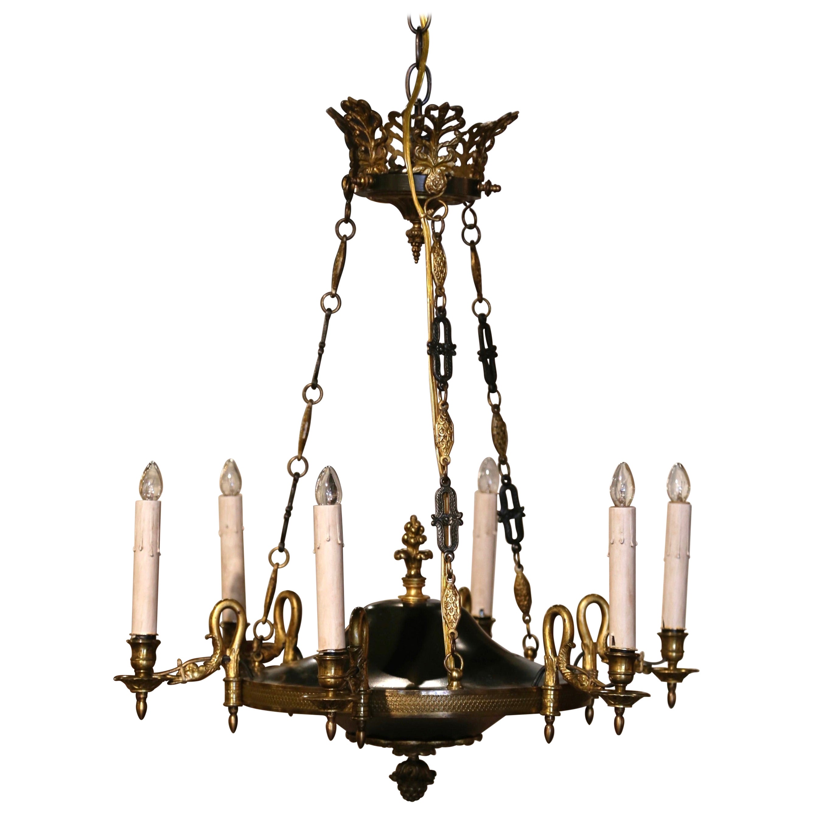 Early 20th Century French Empire Gilt and Patinated Bronze Six-Light Chandelier For Sale