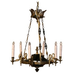 Antique Early 20th Century French Empire Gilt and Patinated Bronze Six-Light Chandelier