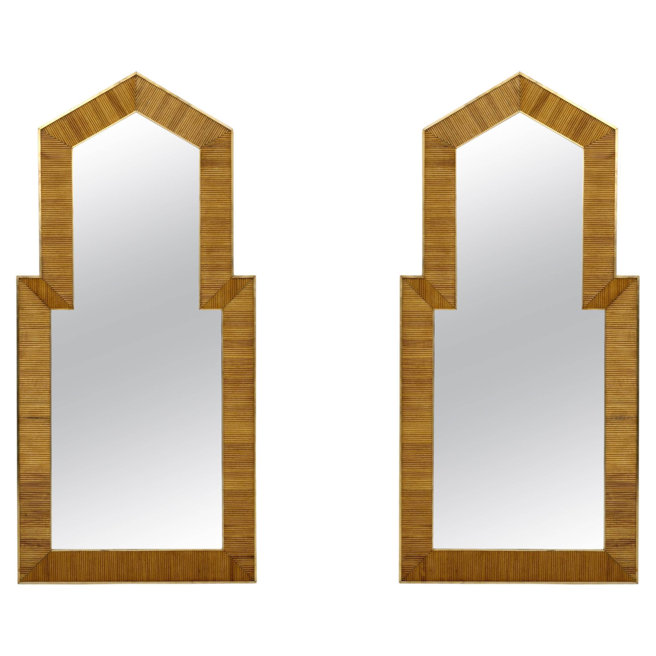 Gabriella Crespi Style Mid-Century Modern Italian Wood and Brass Mirror, Pair For Sale