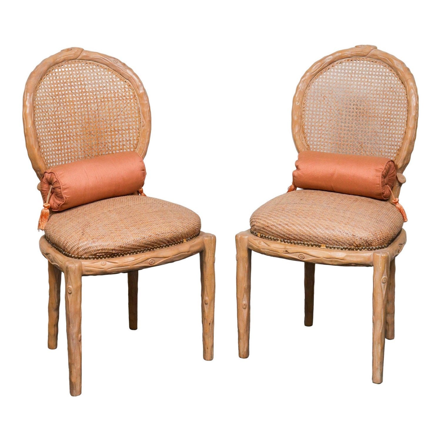 Faux Bois Caned Back Wicker Seat Side Chairs, Pr For Sale