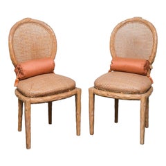 Vintage Faux Bois Caned Back Wicker Seat Side Chairs, Pr