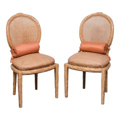 Faux Bois Caned Back Wicker Seat Side Chairs, Pr