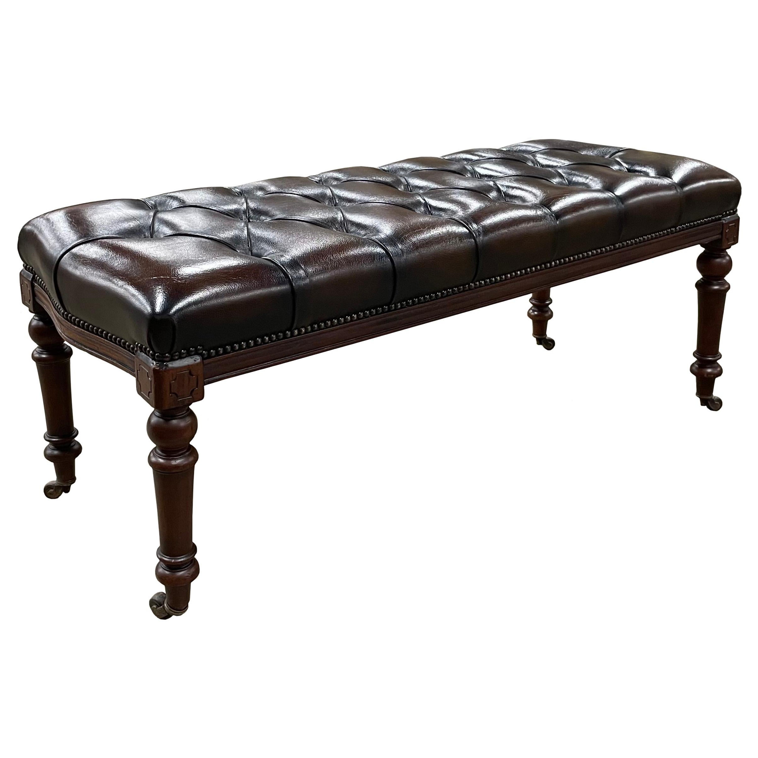 Antique Walnut Leather Bench For Sale