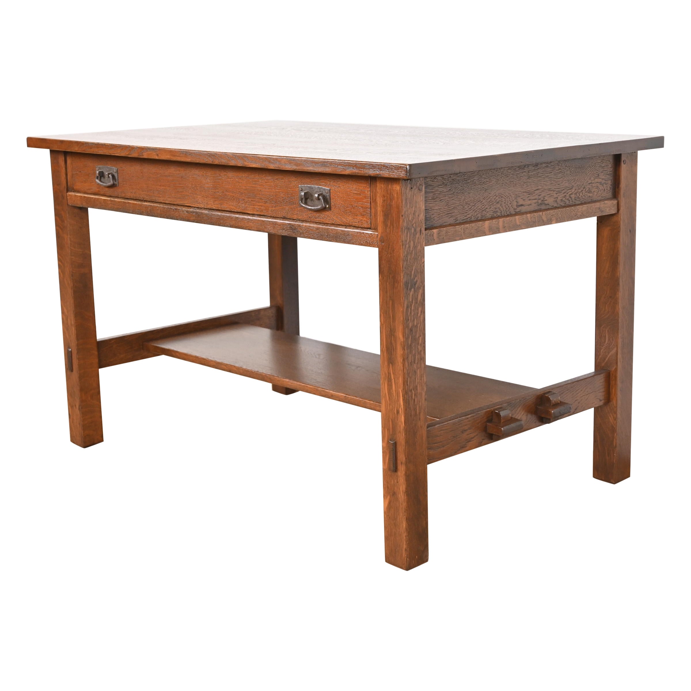 Antiguo escritorio o mesa de biblioteca Stickley Mission Oak Arts & Crafts, recién restaurado