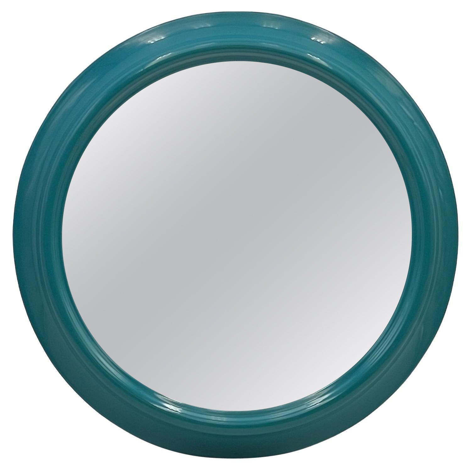 Vintage Round Wall Mirror in Turquoise Blue Made in Italy, 1970s