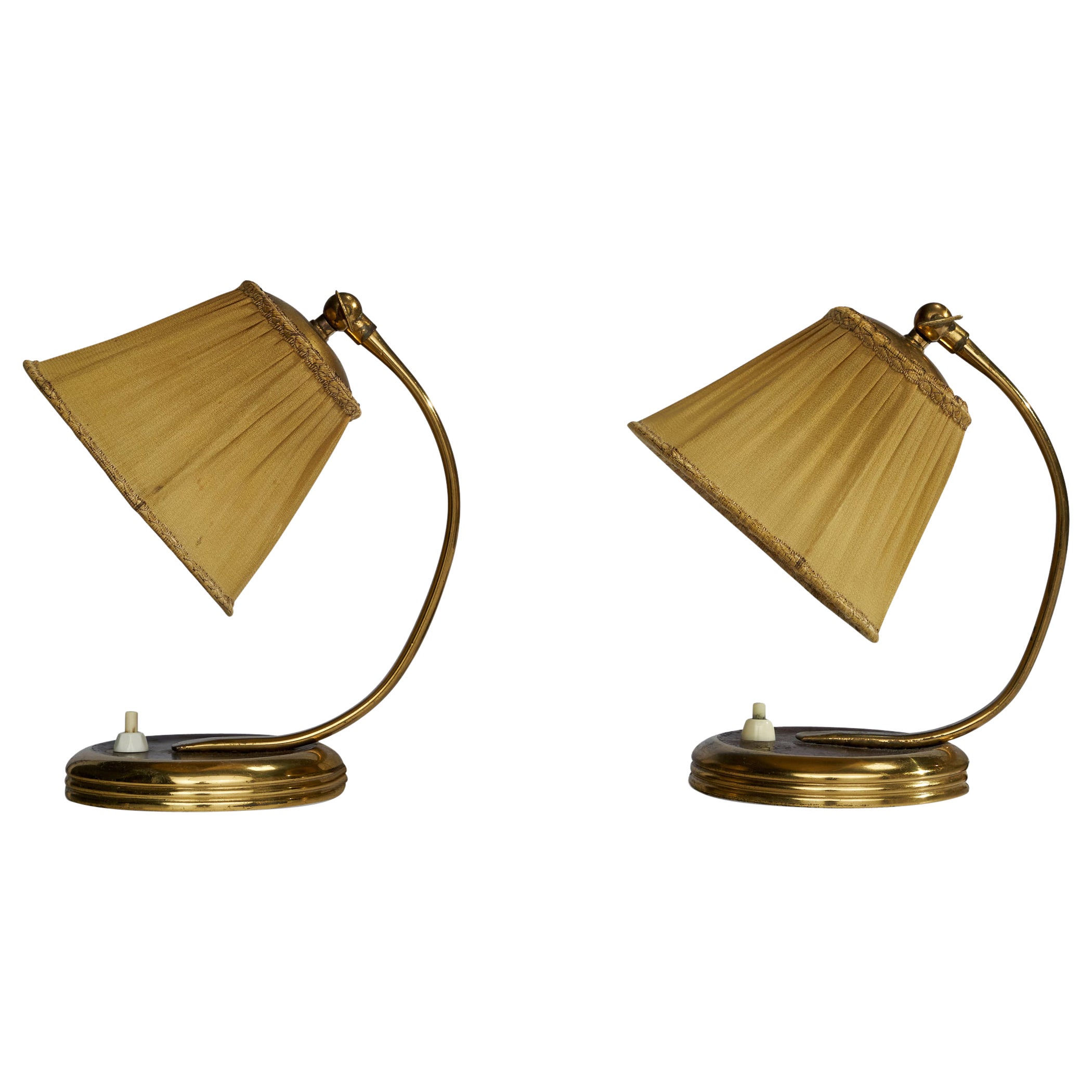 Swedish Designer, Table Lamp, Brass, Metal, Fabric, Sweden, 1940s For Sale
