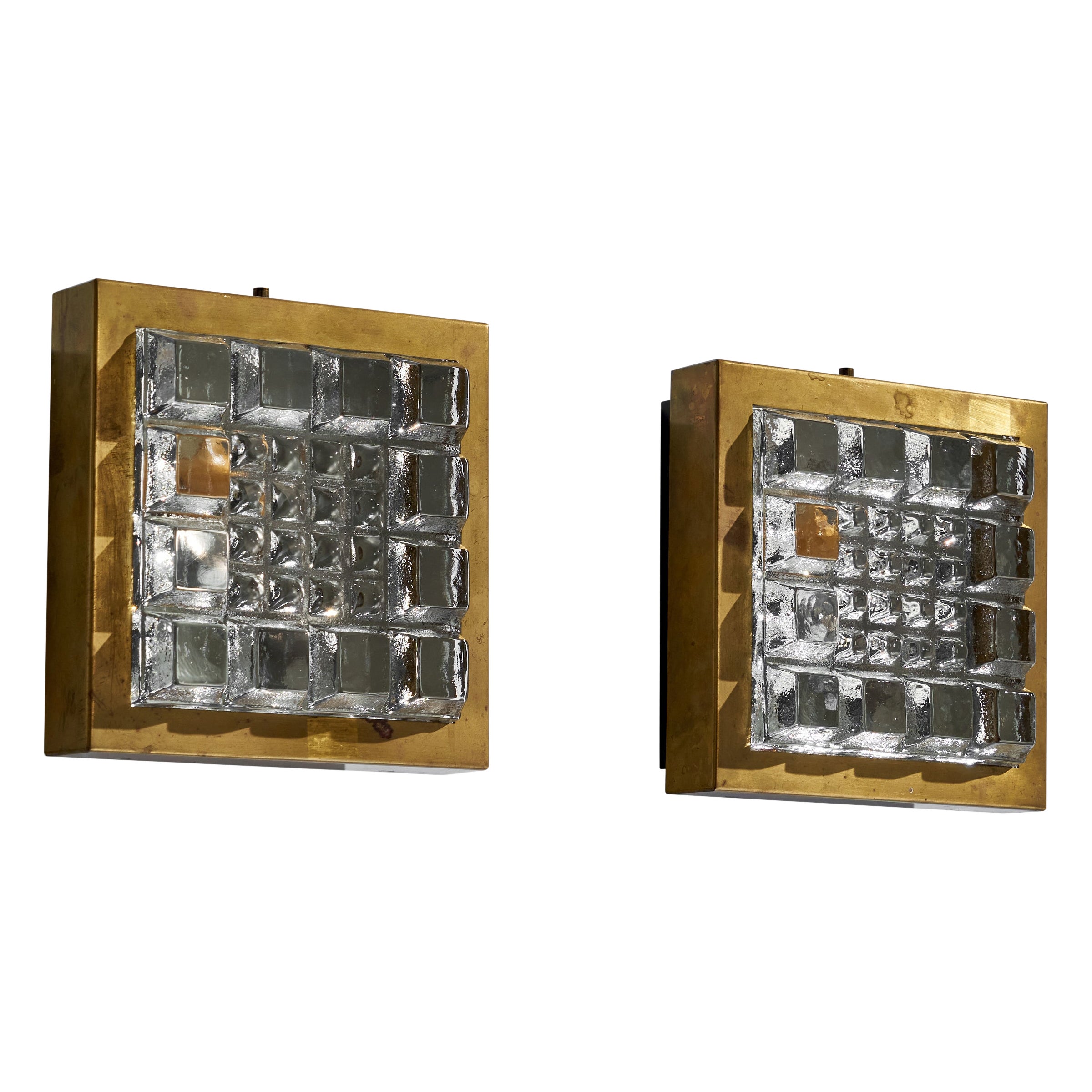 Swedish Designer, Wall Lights, Brass, Glass, Sweden, 1960s