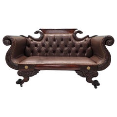 Used Empire Style Mahogany Tufted Parlor Sofa Newly Upholstered in Leather