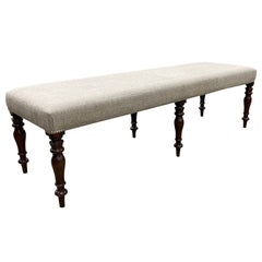 Antique Walnut Bench Upholstered In Linen
