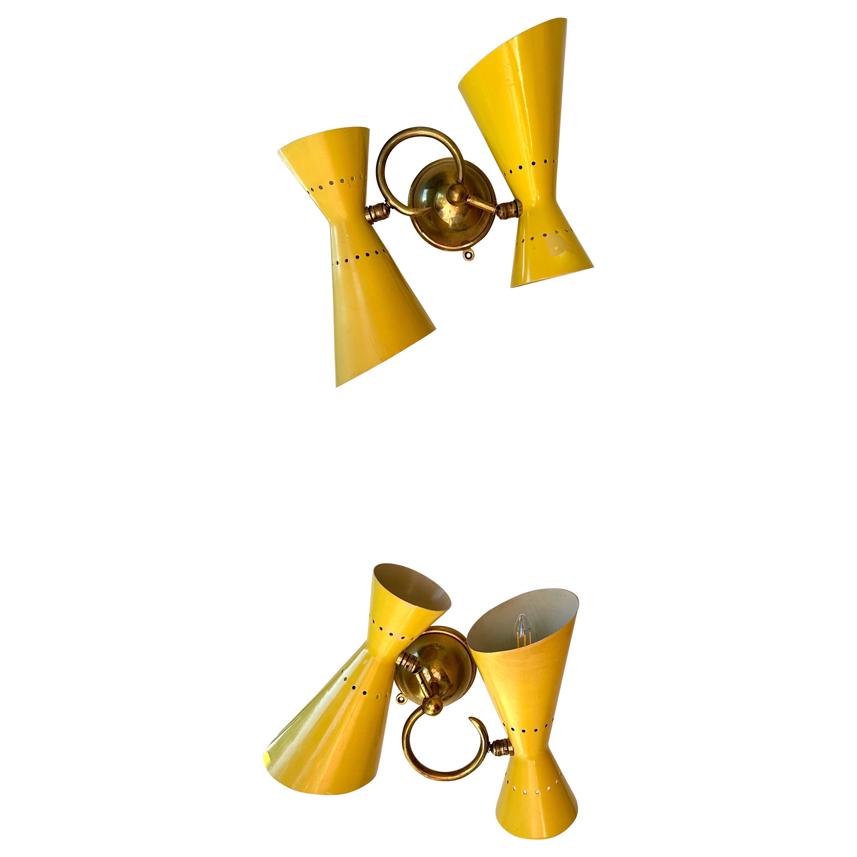 Yellow Stilnovo Peforated Metal Cone Wall Lights, PAIR (2 pairs available) For Sale