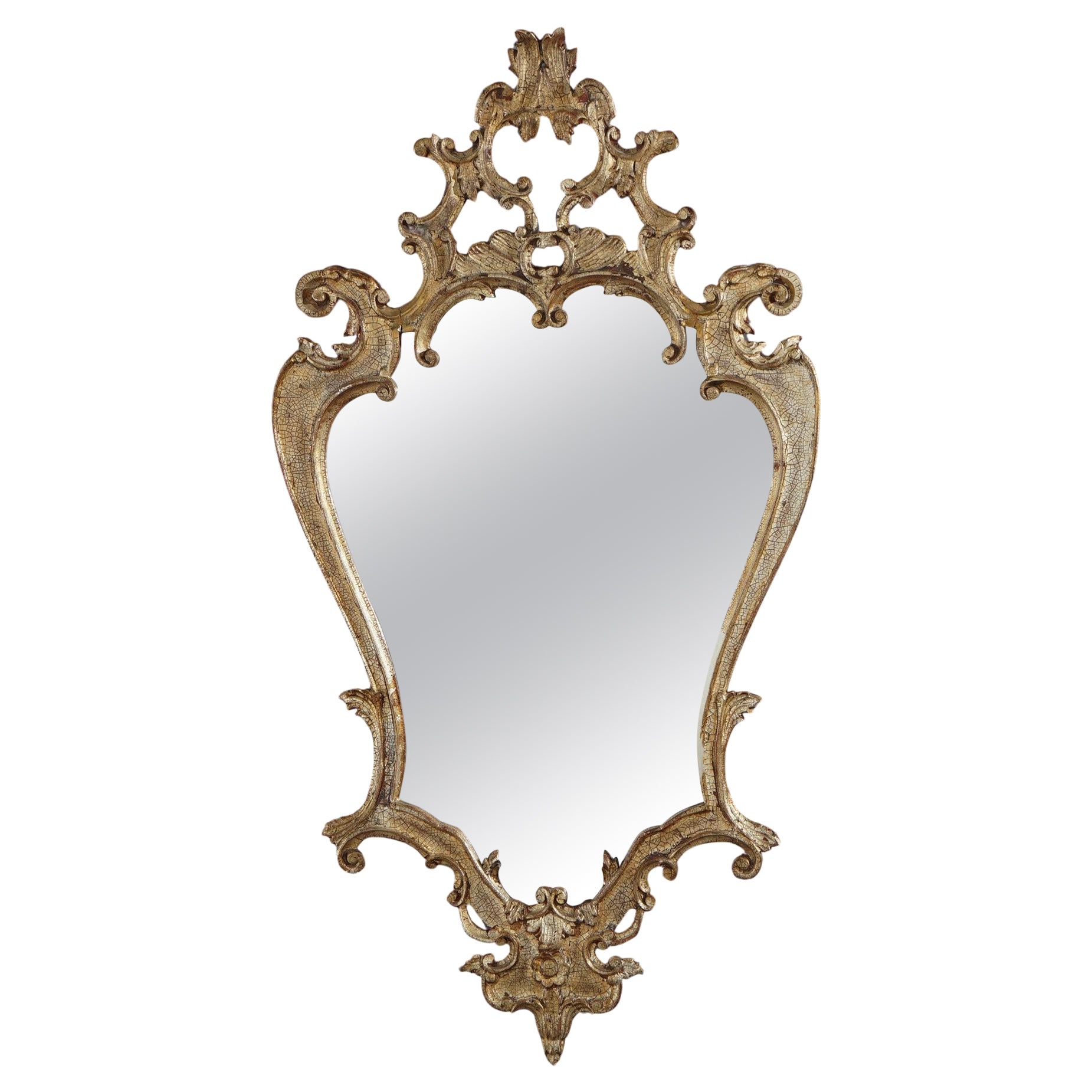 Antique French Louis XIV Giltwood Scroll & Foliate Form Shaped Wall Mirror C1920 For Sale