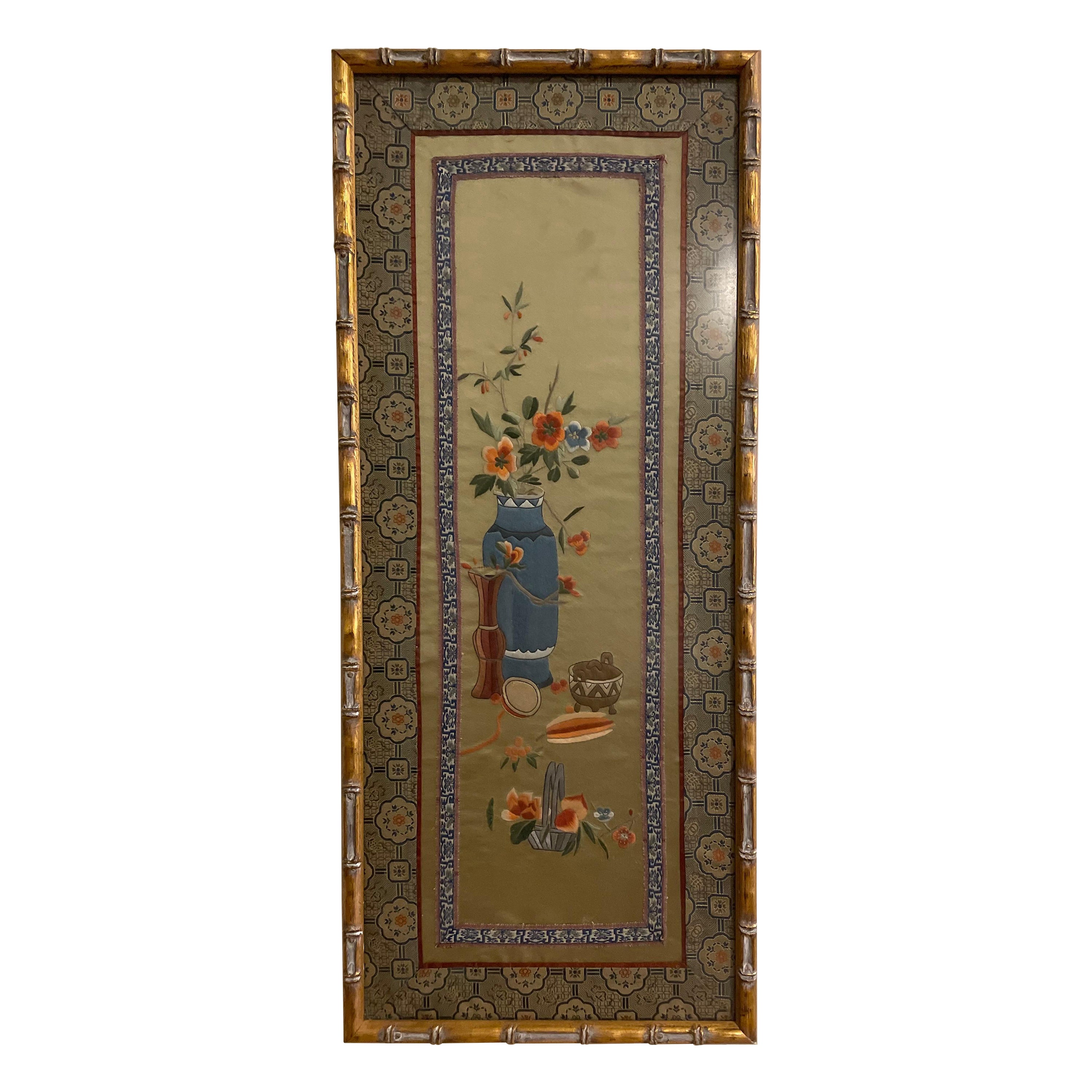 Large Chinese Asian Silk Flowers Old Embroidery Panel in Gold Bamboo Frame For Sale