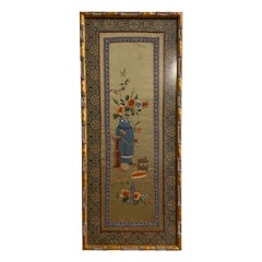 Vintage Large Chinese Asian Silk Flowers Old Embroidery Panel in Gold Bamboo Frame