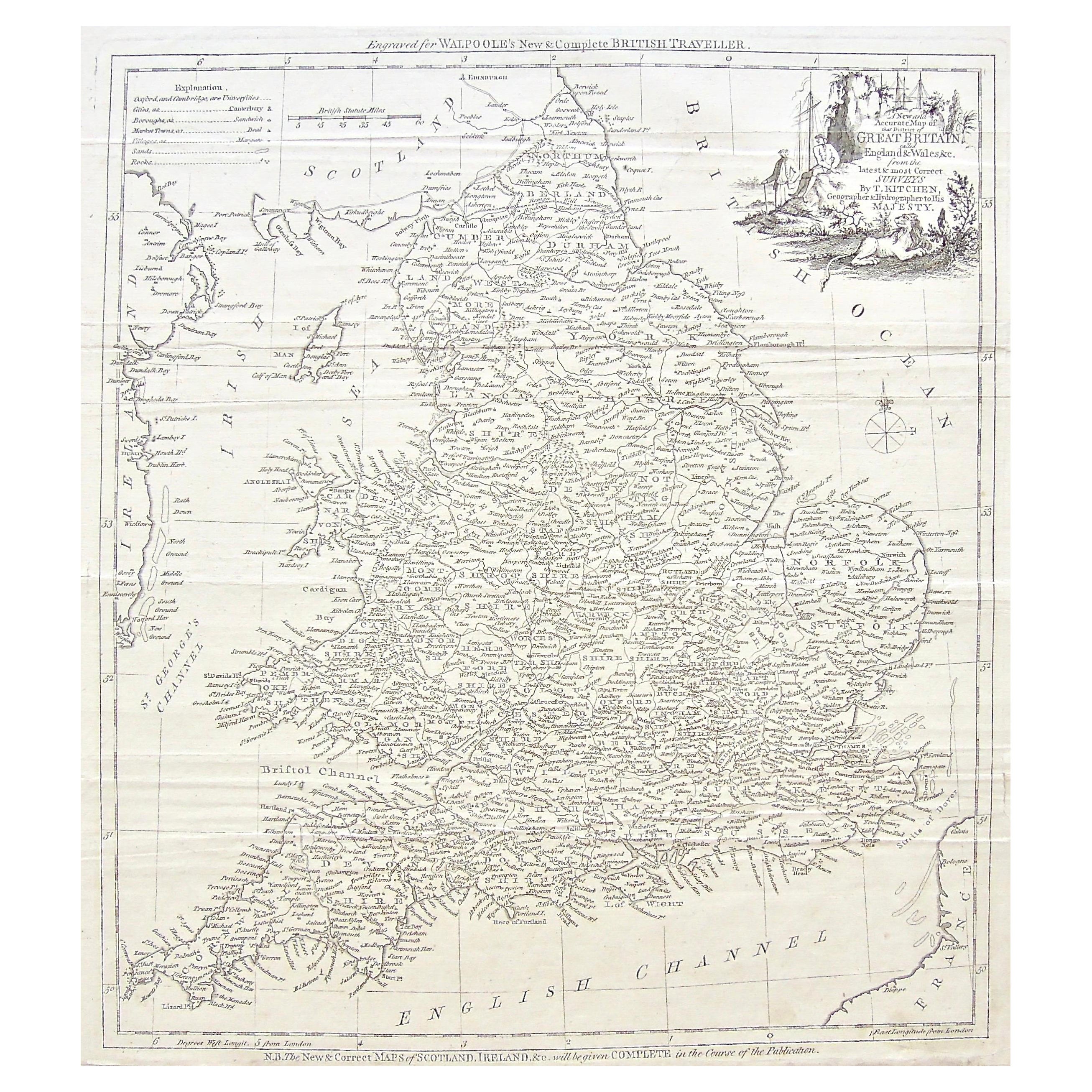 Original 1700s Map of Great Britain, England & Wales in 1757 by Thomas Kitchin