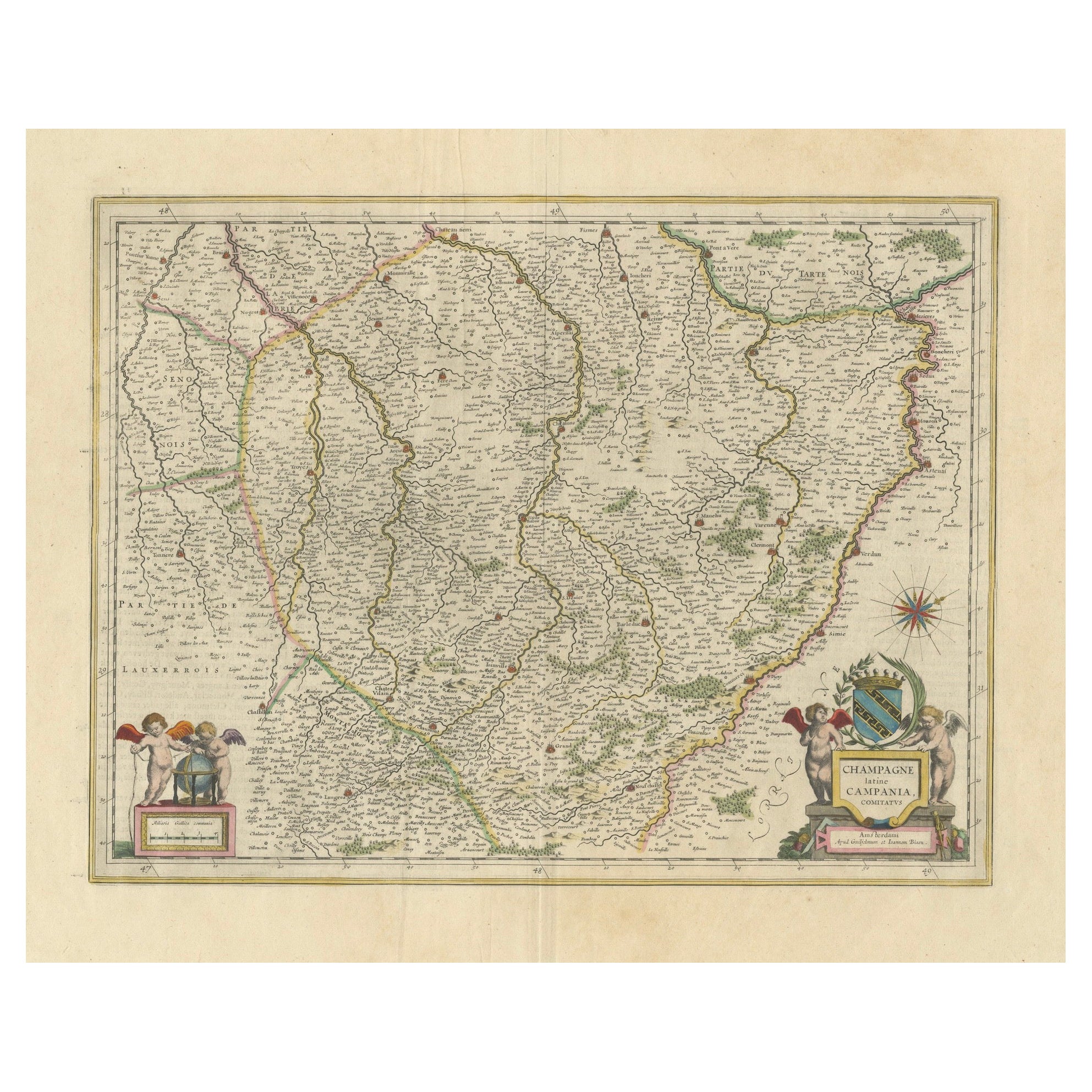 Authentique carte Janssonius de 1644 de la région champagne (Campane) en France