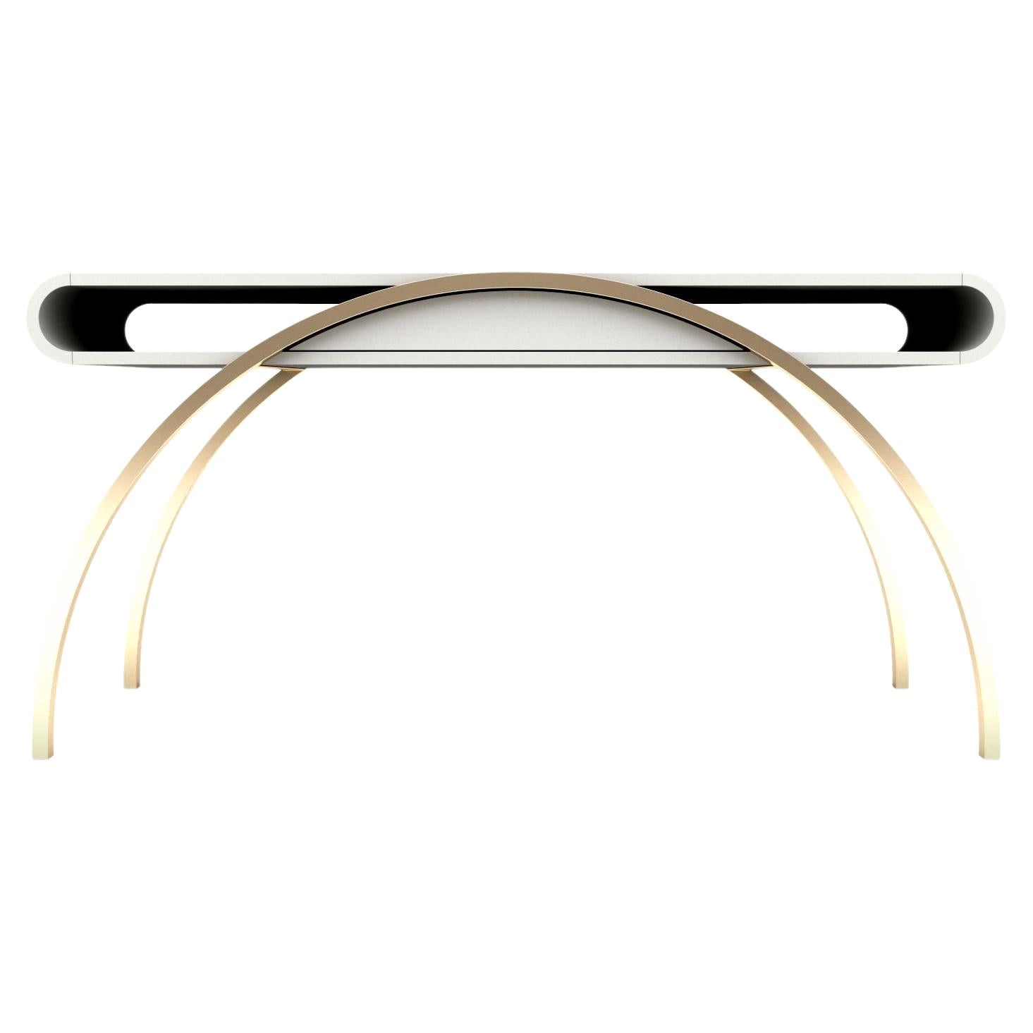 Crescent Console Table - Modern White Lacquered Console with Brass Legs For Sale