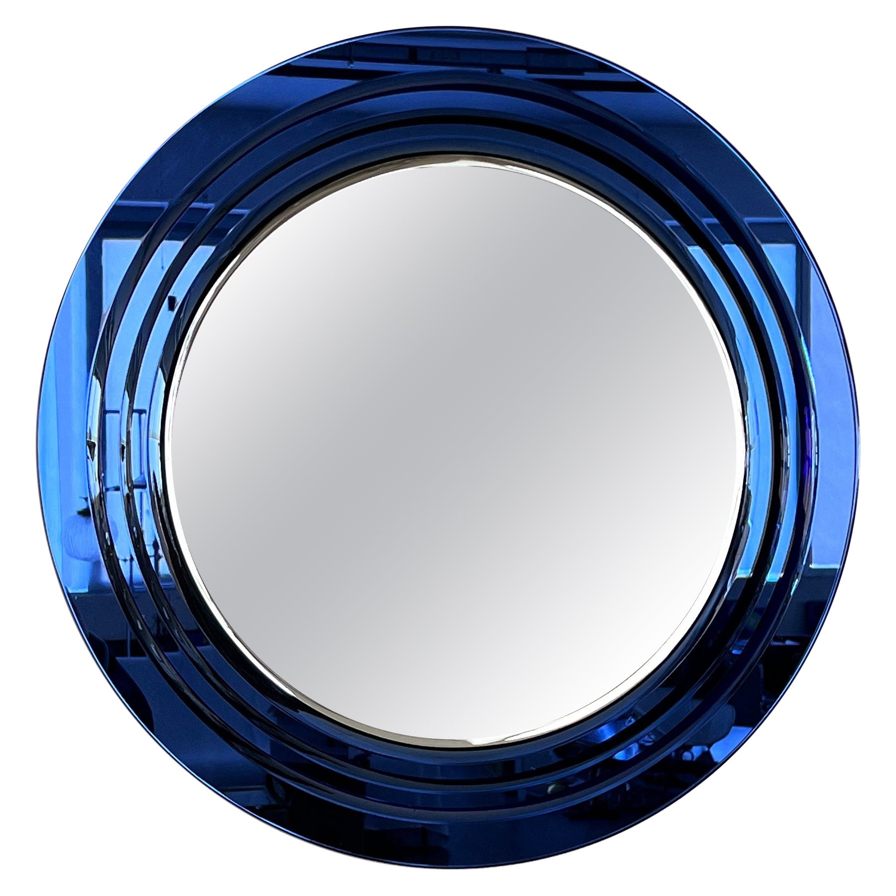 Italian Large Wall Mirror with 3 layers of Blue Cut Crystal Glass, 1970s