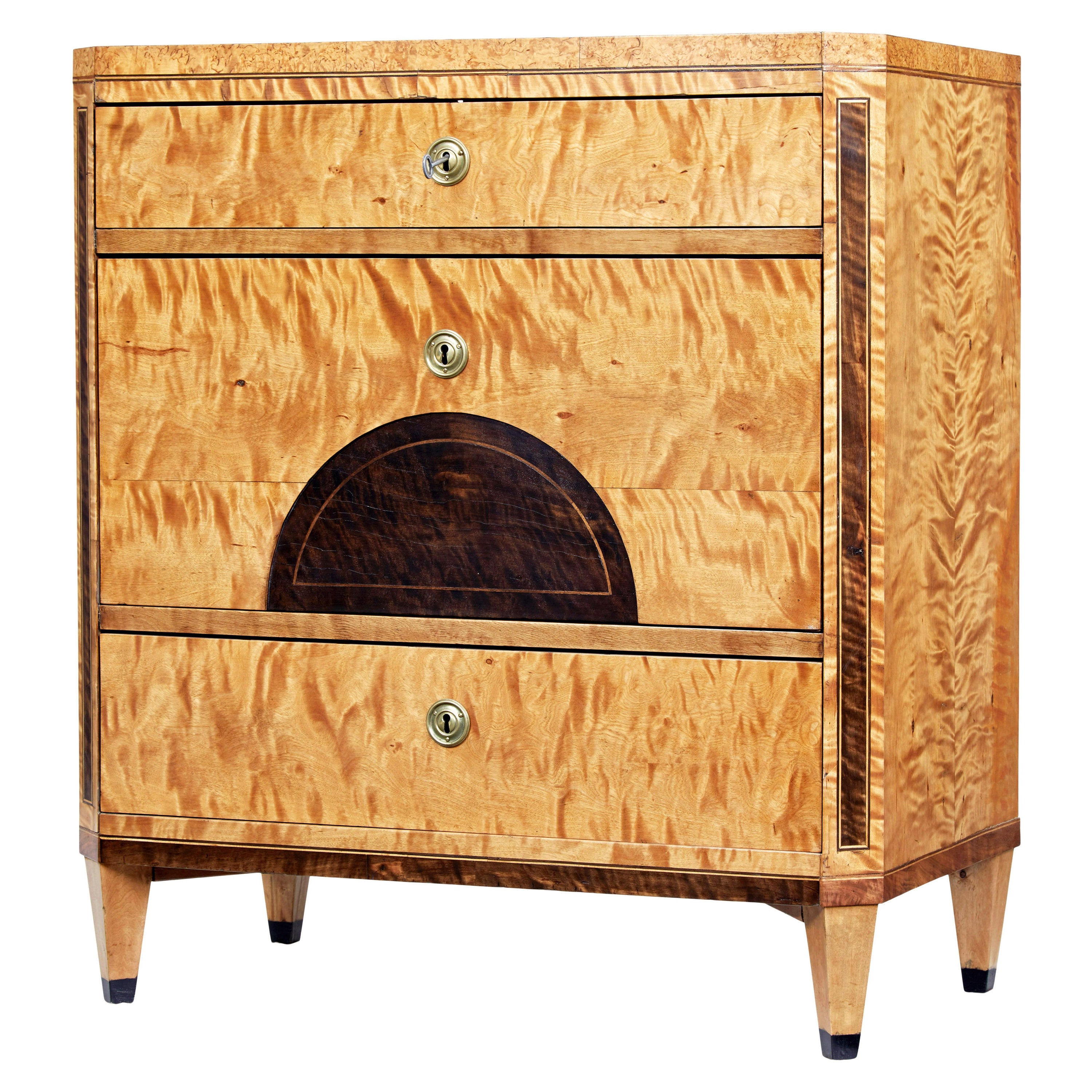 Swedish 19th century inlaid birch chest of drawers For Sale