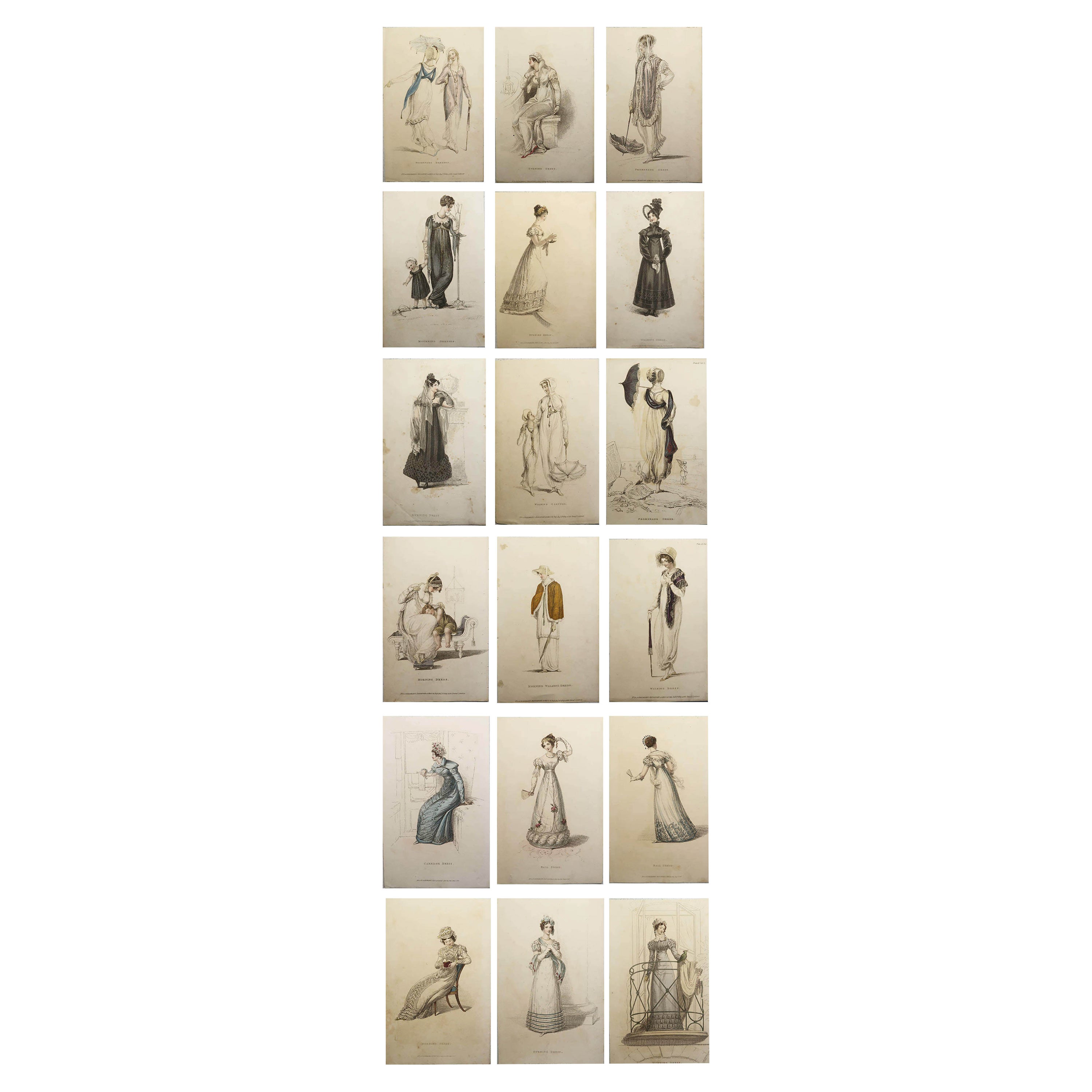 Ensemble de 18 estampes originales de mode anciennes, datées de 1809 - 1823 en vente