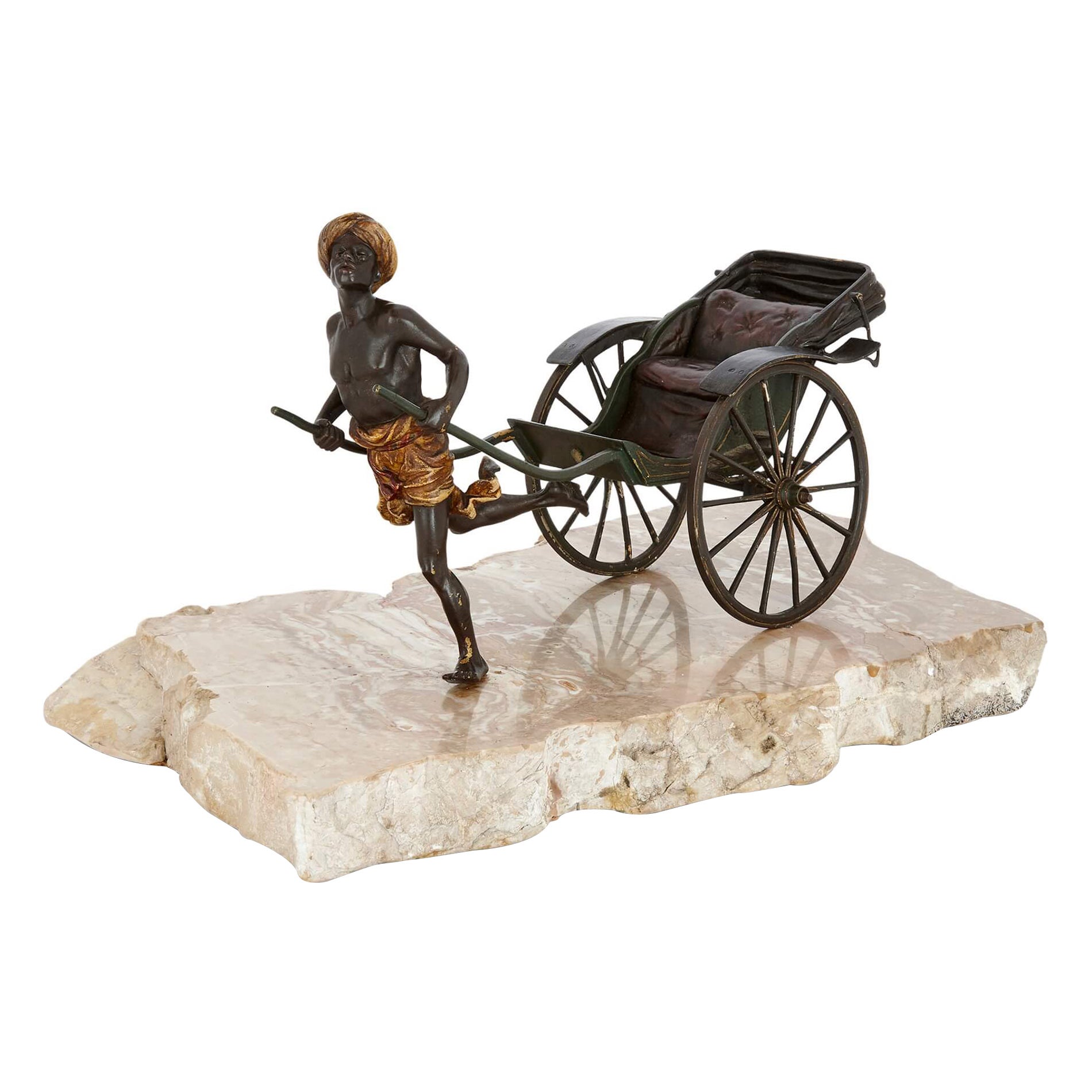 Antique Cold-Painted Bronze of a Pulled Rickshaw by Bergman  For Sale