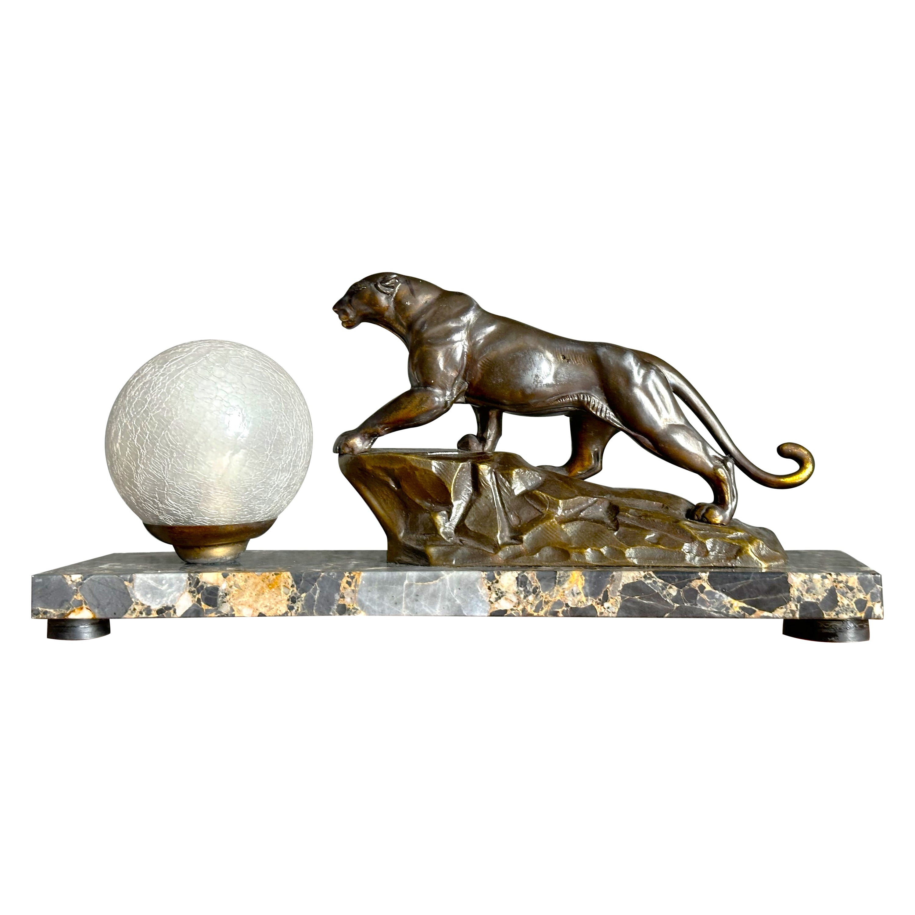 Art Deco Panther Sculpture on Marble Table Desk Lamp, France 1935 For Sale