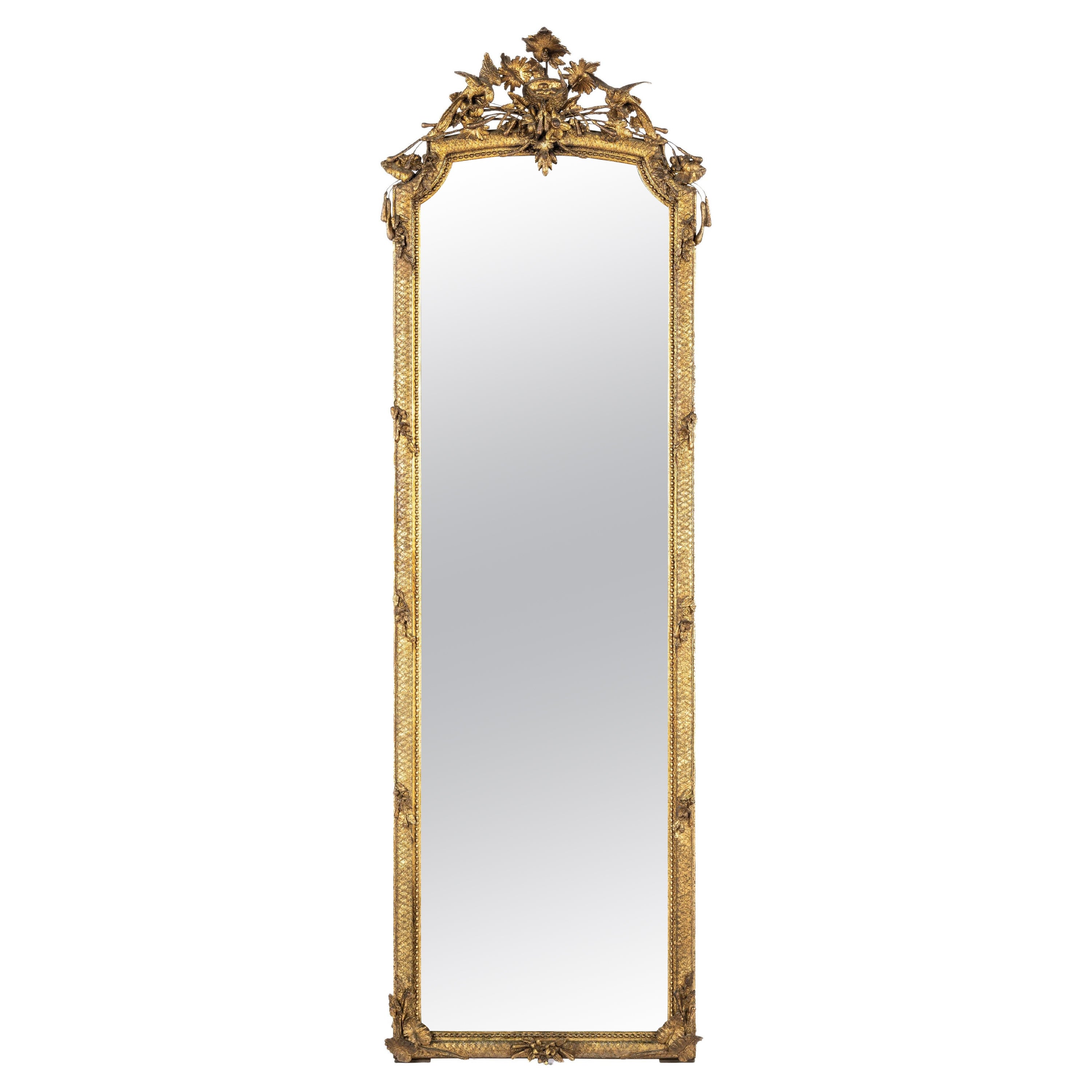 Antique 19th century Louis XVI gold leaf gilt French Pier mirror with crest For Sale