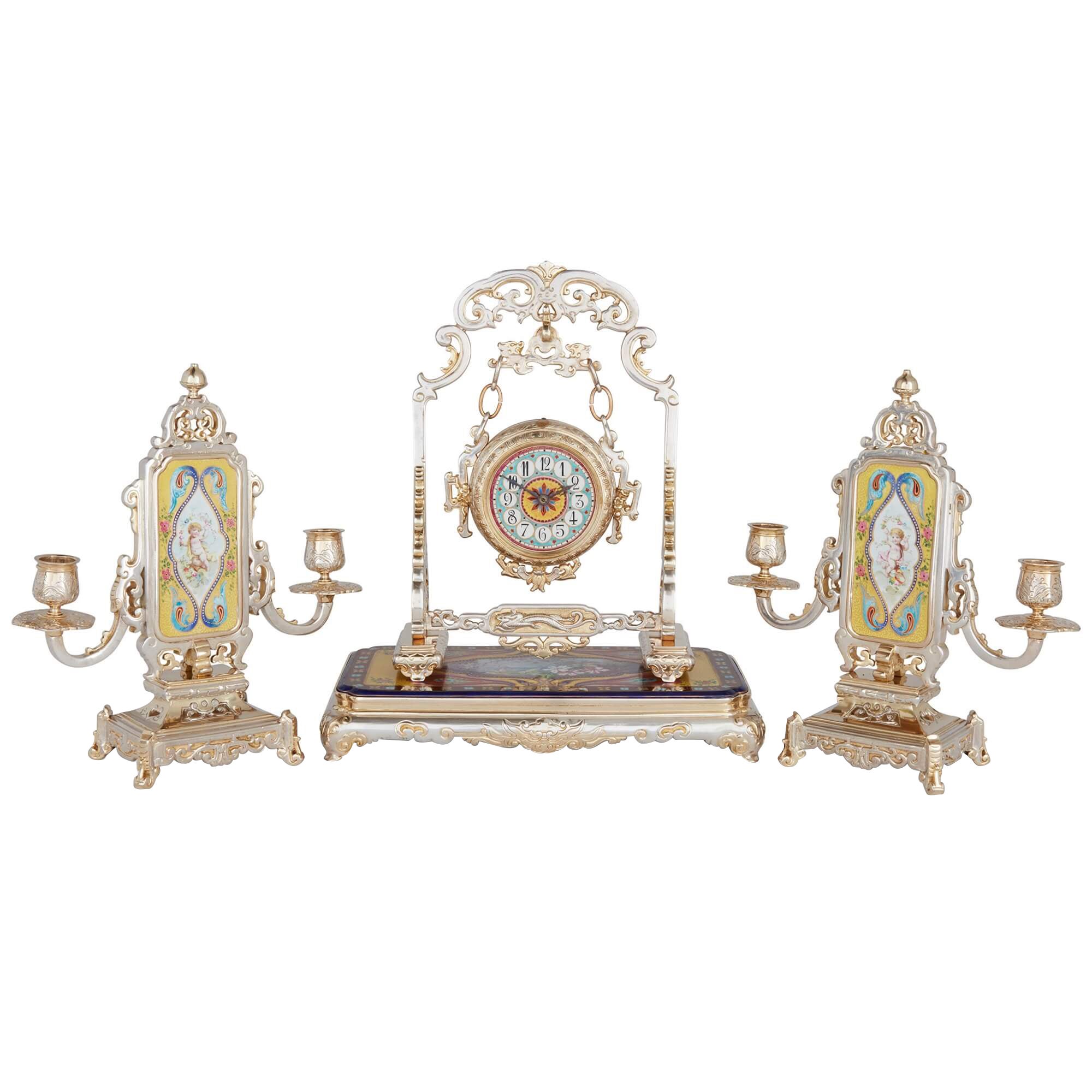 Antique French Japonisme Silvered Bronze and Porcelain Three-Piece Clock Set For Sale