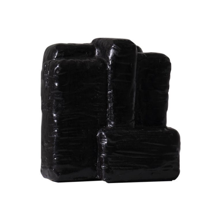 Abstract black ceramic cubist sculpture, 1970s For Sale