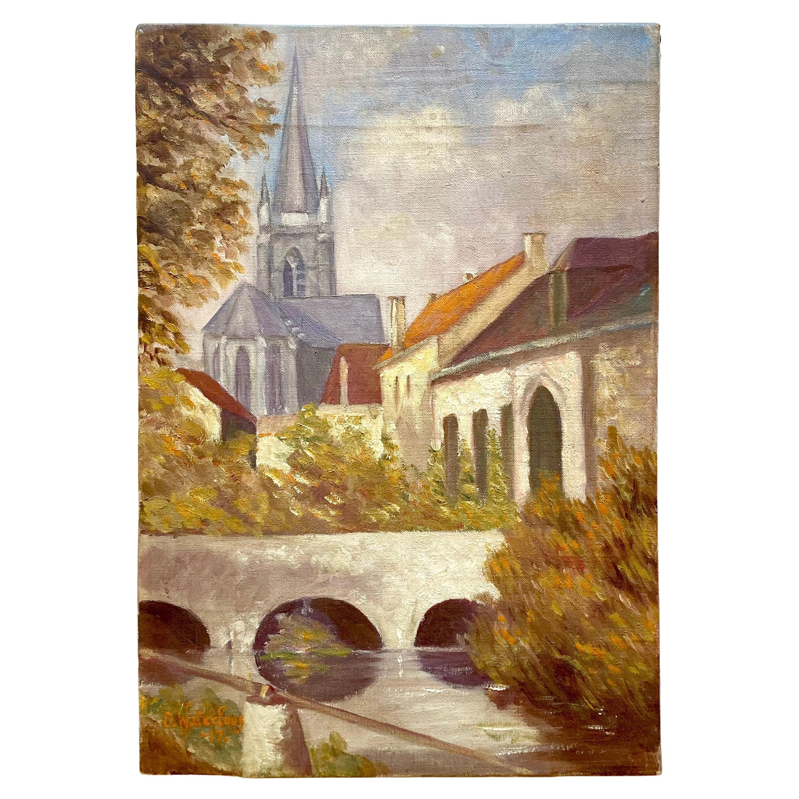 Peinture à l'huile belge originale du 20ème siècle signée par O. Waterloos 1917