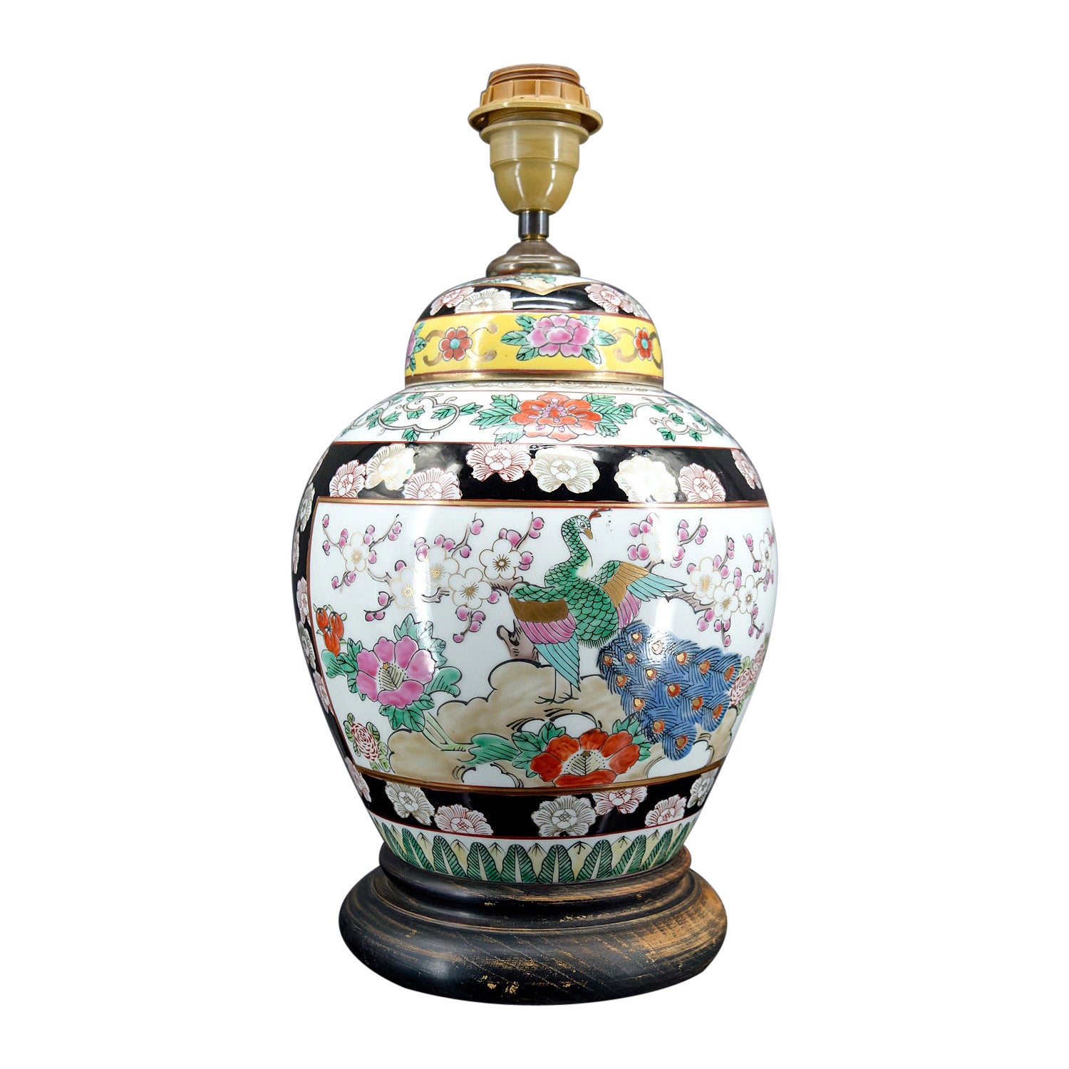 Lampe en porcelaine chinoise décorée de fleurs et de paons, Chine, début du 20e siècle