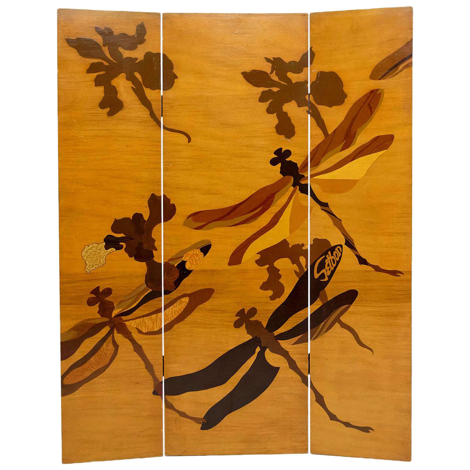 Art Nouveau Folding Screen with Dragonflies, by Setbon, France, Circa 1910