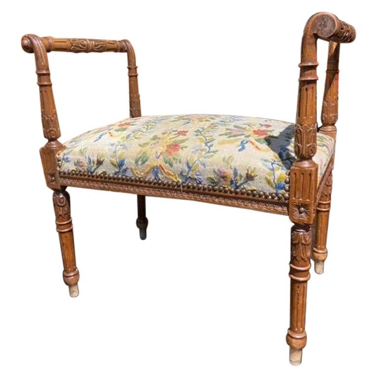 19th Century French Hand Carved and Molded Beech Stool with Tapestry Top