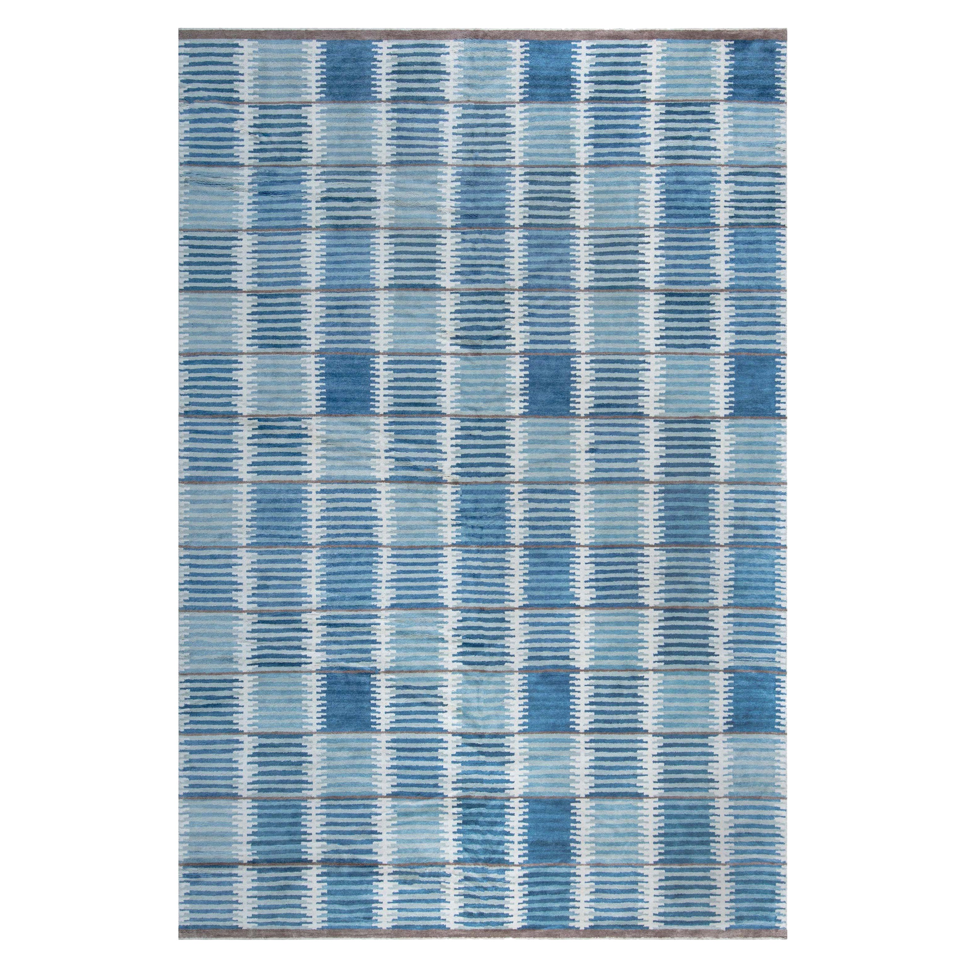 Modern Swedish Design Blue Hand Knotted Wool Pile Rug